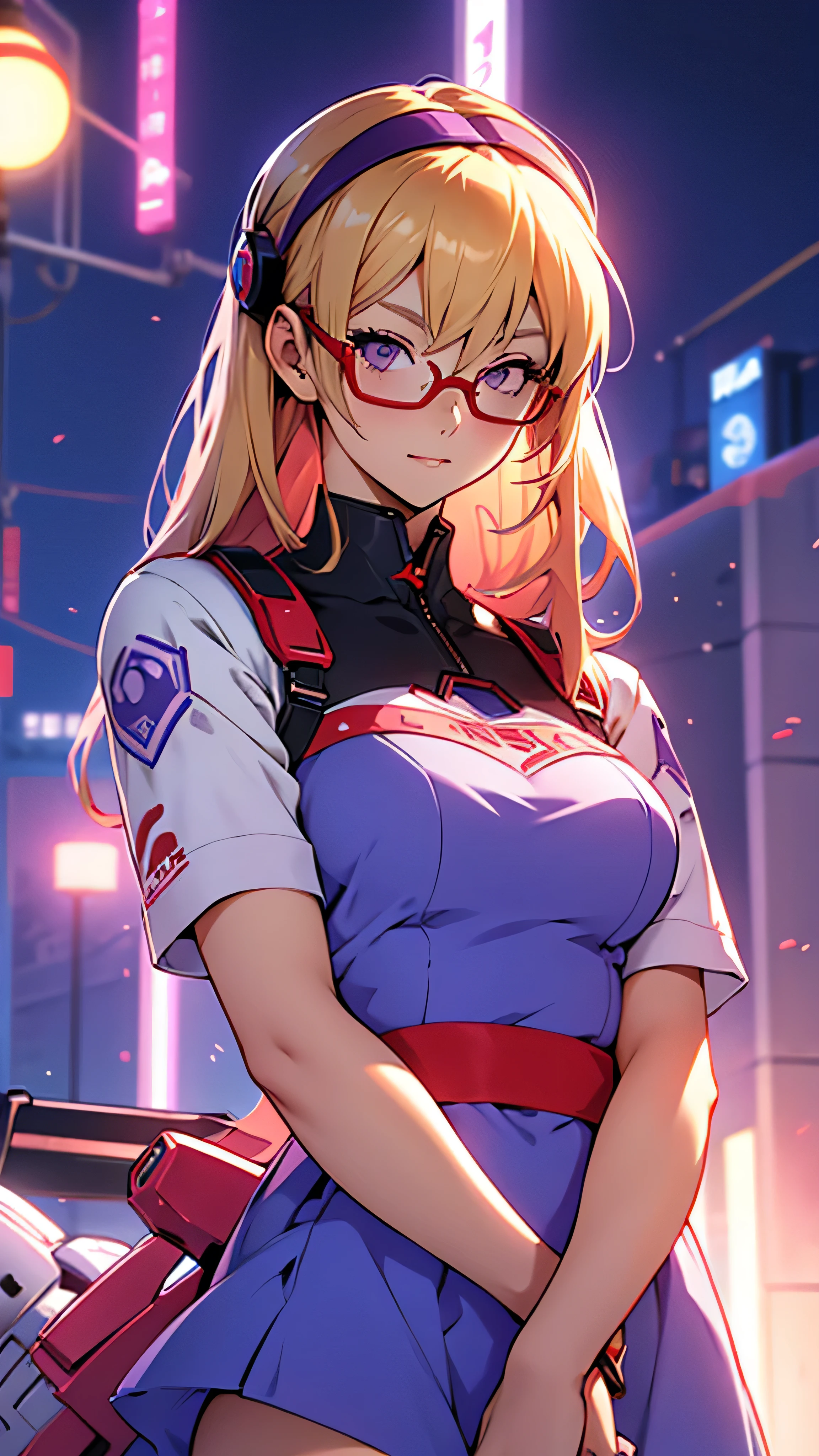 Anime,An illustration,purple robot,Mobile Suit,Dom,Light blue check dress,Red glasses,Blonde,Light blue mesh hair,beautiful girl,Sora Sakurano,one person