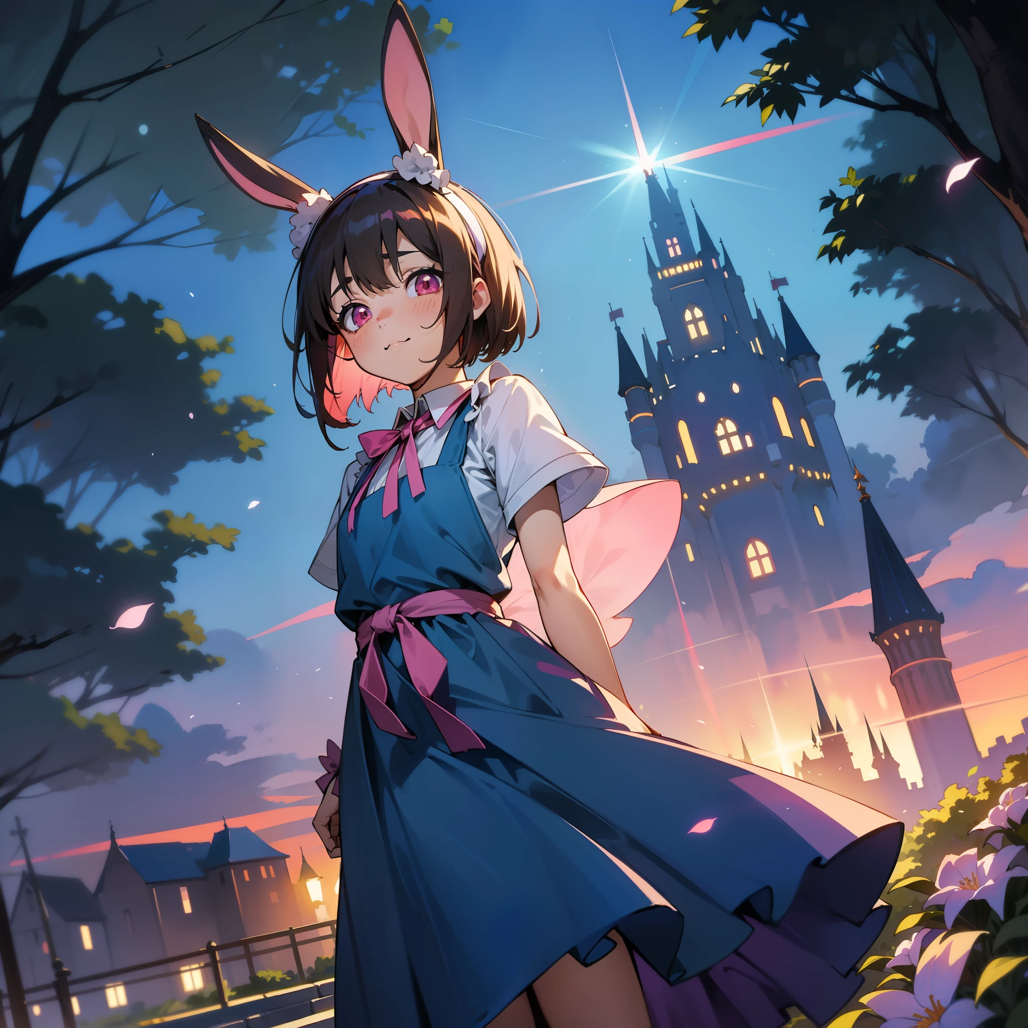 masutepiece,Best Quality,Colorful pastels in absurd high resolution, (Watercolor art: 1.3), (Selective Fairness: 1.4), BREAK, 1girl in, (17 years old girl), Very detailed, colourfull, highest details, 1 beautiful girl, Solo,(Cute:1.5),(Chibi:0.8), (kawaii:1.5),(Lori:0.5),(girl, Cute, Cheerful, face, slightly bulging chest),(A dark-haired,Disheveled short bob,tareme,Pink eyes:1.2),(sano,A smile,Bad face:1.2), (White rabbit ear headband:1.2),Shiny skin,Clear skin, Beautiful skin,(best quality face),(Top quality glowing eyes), BREAK ,(Vivid colors:1.3), ((Dark Brown Color Alice Band Ribbon)), Blue dress with white ?????, Romper,(early evening),Walking, (Fantasy,castle and town:1.5),(castle town,Beautiful building:1.3),(a person々way of life),(Flowers, Trees, Nature:1.3),romantic,(shopping street,street vendors:1.2),(Blue sky), Waterfall,depth of fields, BREAK,wakame,wakame,wakame,(Dynamic Angle:1.4), BREAK,(Blurry background:1.3),(absurderes, hight resolution, Super Detail Art),cel shading,Clear Color, Lonely optical effect, Beautiful pictures, Bright glow, mystic atmosphere,(Close-up of girl:1.1), Mystical light particle effect,manga influence, clean line drawings,