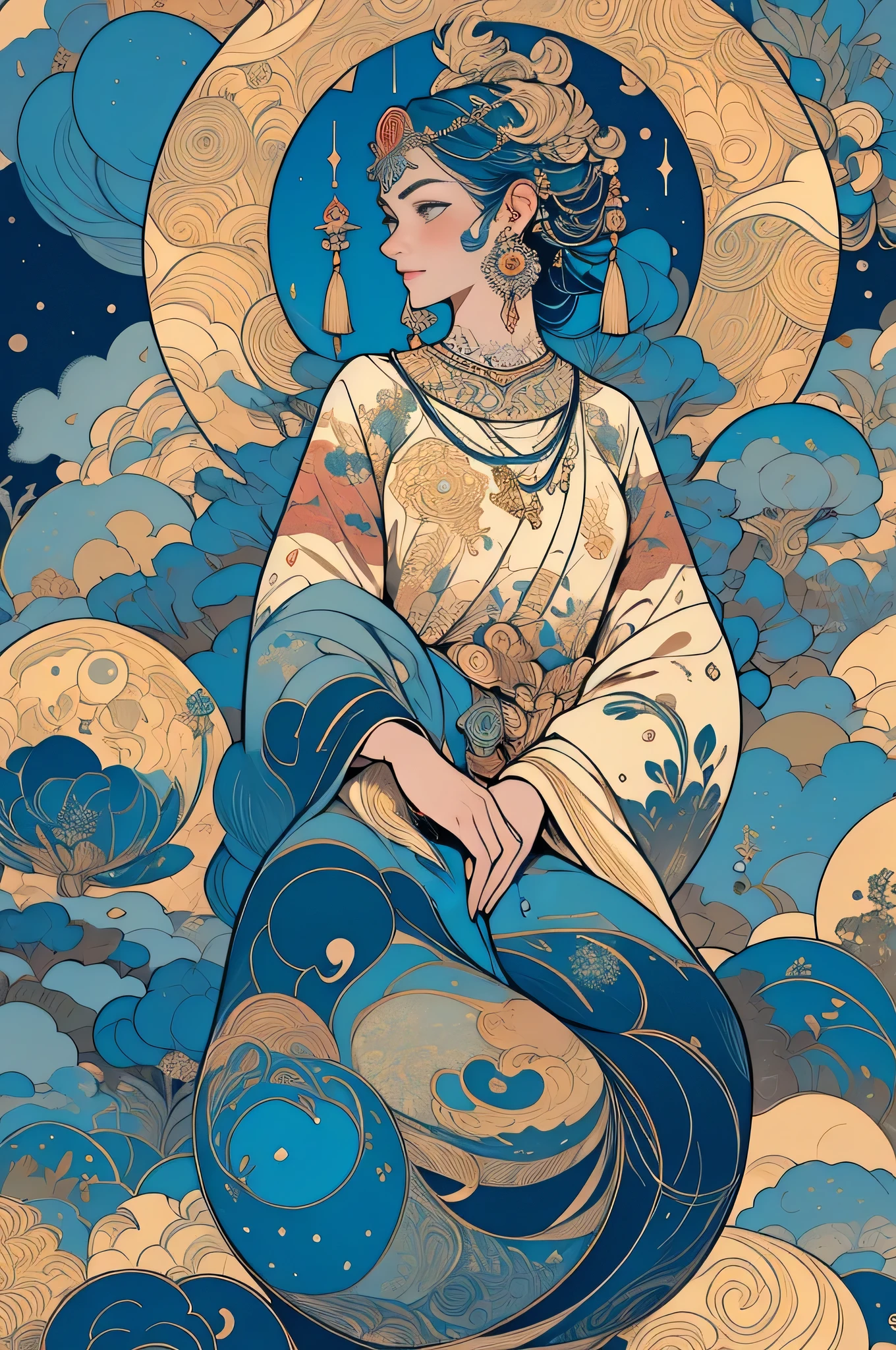 draw decorative pictures,Beautiful age girl,Sparkling Eyes、There are many mandalas around.,(Decorative painting:1.6)A sophisticated eye,Delicate face,Put on a tiara,Delicate earrings,Luxury Background,incantation,Mandala Sea,(Tangled,Esoteric Buddhism,Tangle,enTangled), (Fractal Art: 1.3),Divine Light,Gold foil,Gold leaf art,Masterpiece、Free thinking、chaos