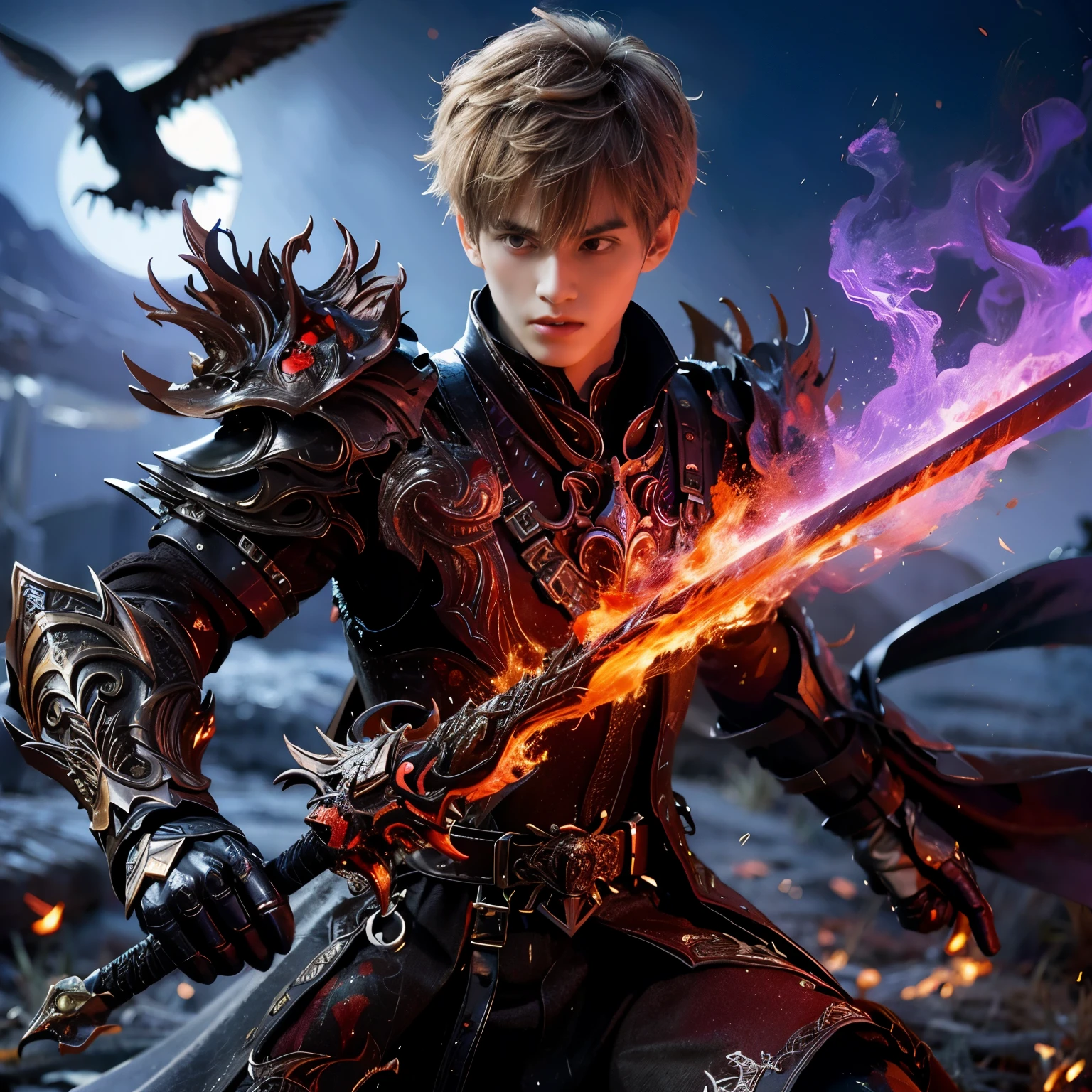 a young male knight, short white hair, wearing black knight-style clothes and attributes, wearing knight shoes, carrying a knight's sword with a dragon carved on the blade, angry expression with a sharp gaze, looks like an Asian, purple flames appear under the sword, the background is on the battlefield with a night atmosphere, behind the knight there is a crow flying, high quality, realistic, masterpiece, full body