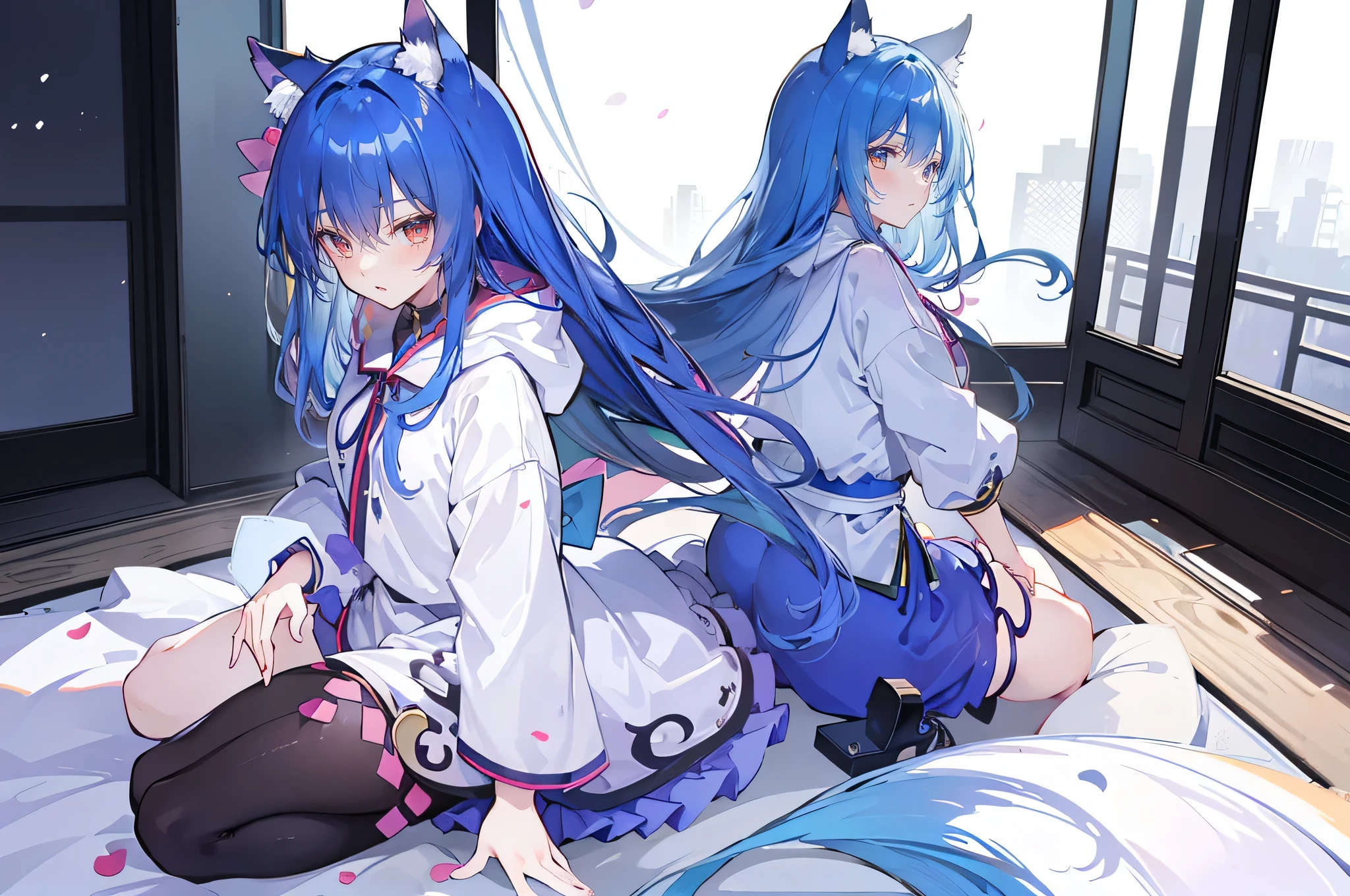 (masterpiece:1.2),Super detailed,lifelike,Expressive eyes,fair skin,perfect face shape,1 girl,
Japanese comics,Gorgeous blue hair,flowing blue hair,flowing clothes,Cat ears,Petals fall,beautiful lola,Baby Angel,
Shaking head with one hand,Cross your legs,Gentle and peaceful background,The pavilion is cool and comfortable,smile, wearing hoodie, background of tokyo,back views,snowing, winter.