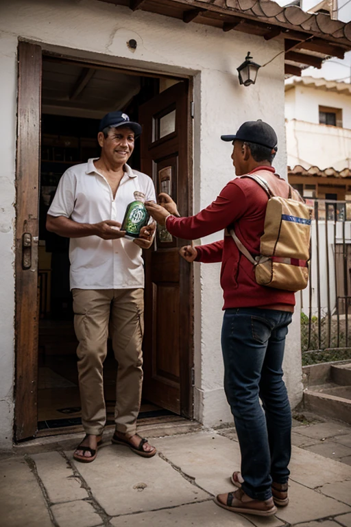 A PERUVIAN MAN RECEIVING A PACKAGE OF PERUVIAN CUSQUEÑA BEER AT THE DOOR OF HIS HOUSE