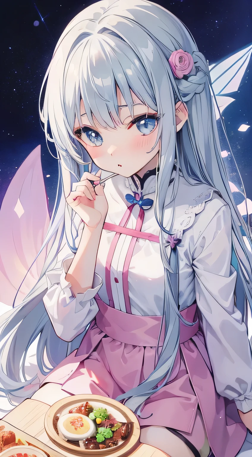 highest quality、Anime Girls, alone, Fantasy、Fairy、Gray Hair, Long Hair, Fairy clothes, kiss the camera, kiss, kiss the viewer、During meals、Anime Drawings、Sticky coating