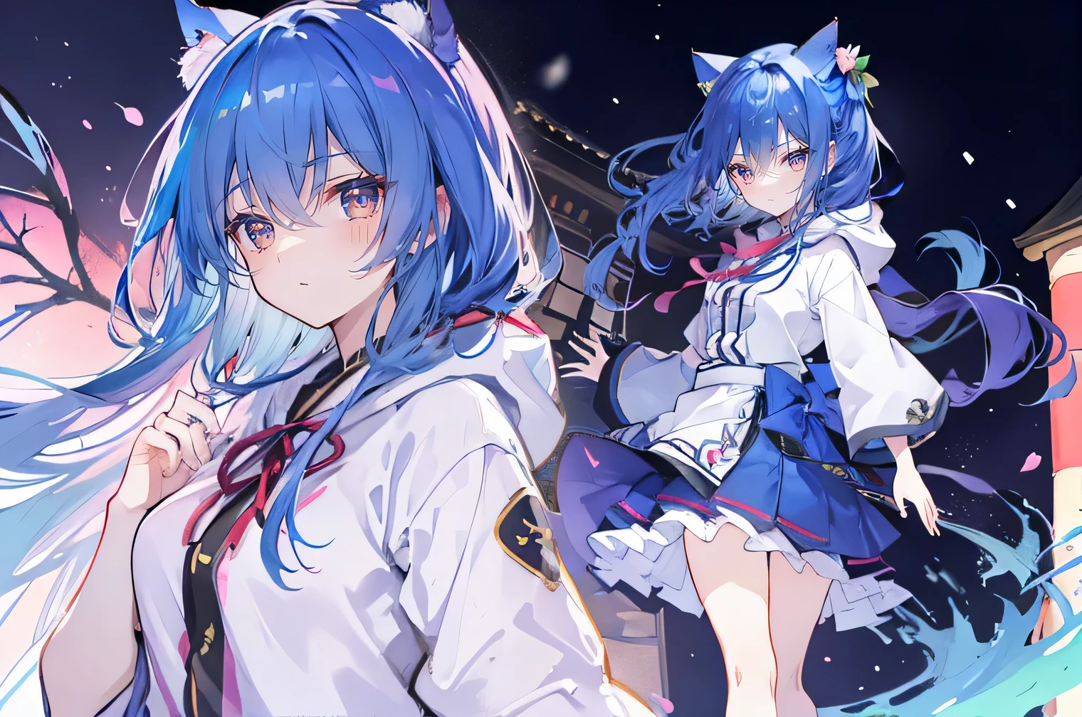 (masterpiece:1.2),Super detailed,lifelike,Expressive eyes,fair skin,perfect face shape,1 girl,
Japanese comics,Gorgeous blue hair,flowing blue hair,flowing clothes,Cat ears,Petals fall,beautiful lola,Baby Angel,
Shaking head with one hand,Cross your legs,Gentle and peaceful background,The pavilion is cool and comfortable,smile, wearing hoodie, background of tokyo,back views,snowing, winter.