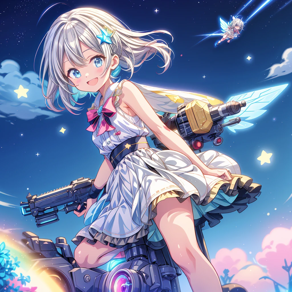 Star Fairy、CGゲームプレーン bsw 、Riding astride a flying vehicle、Smiling at the audience、He has a laser gun on his back、kawaii tech、universe、rainbow