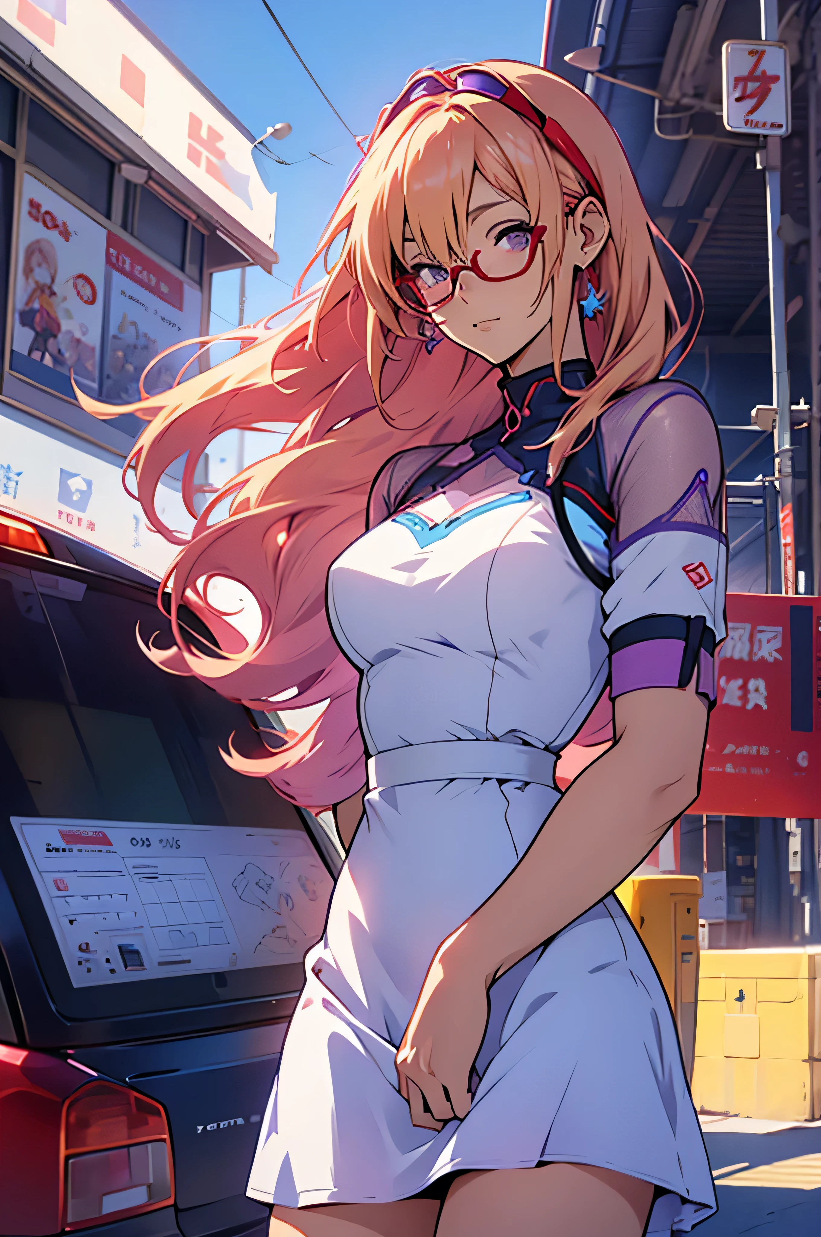 Anime,An illustration,purple robot,Mobile Suit,Dom,Light blue check dress,Red glasses,Blonde,Light blue mesh hair,beautiful girl,Sora Sakurano,one person