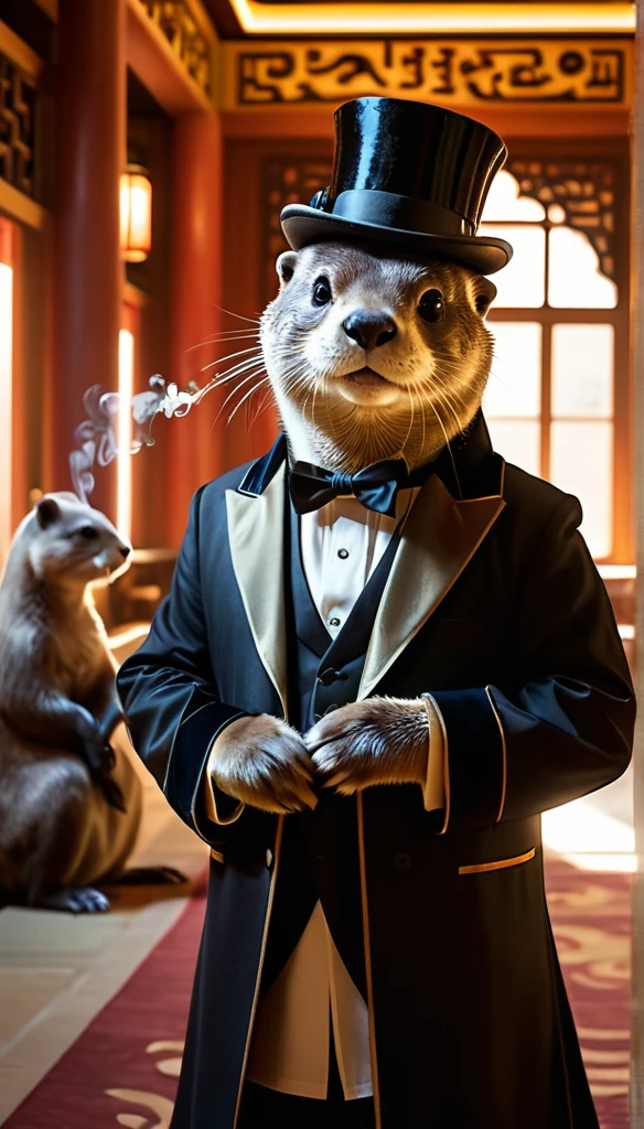 (best quality,4k,8k,highres,masterpiece:1.2),ultra-detailed,(realistic,photorealistic,photo-realistic:1.37),absurde, RAW photo, highly detailed, masterpiece, illustration, an otter in dark sunglasses and elegant smoking, top hat on, standing in the middle of the ballroom surrounded by other animals, dynamic angle, world masterpiece theater, ink, Amazing, cinematic lighting, lens_flare, dunhuang_style