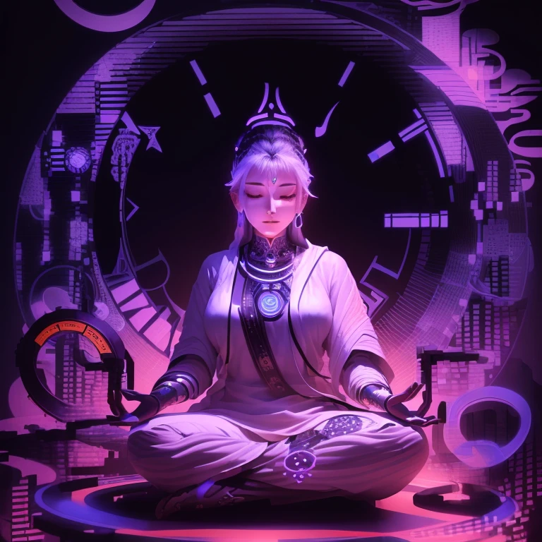 arafed drawing of a woman meditating in a meditation position, goddess of time, zen meditation cyberpunk, hindu stages of meditation, meditating, clockwork woman, meditation, lucy the god of time, sardax, meditative, time consumes us all, zen meditation, timeless, a cyborg meditating, memory trapped in eternal time