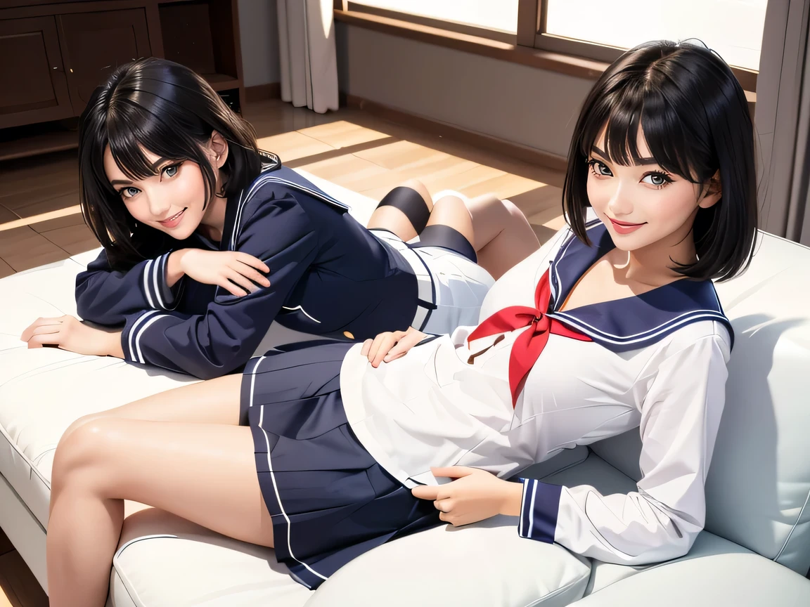 (top-quality、in 8K、32K、masterpiece、超A high resolution、Impresionismo、Photorealsitic:1.2)、Full body, Inside the classroom、Schools、Evening glow、beauitful face、blurry backround、16-year-old beautiful girl、shinny skin、bob cuts、Beautiful black hair、(Katyusha:1.2)、a sailor suit、Pleated miniskirt、Curve、dynamicposes、Smile with open mouth、Two girls, lying on sofa
