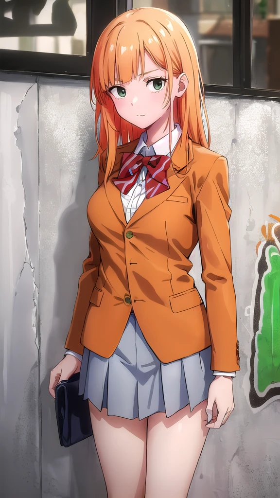 best quality,4k,8k,highres,masterpiece:1.2),umasterpiece,high quality,solo,
Orange hair, green eyes,
gray skirt, white long sleeve blouse, red bow, , green blazer, high quality, school graffiti in the background.