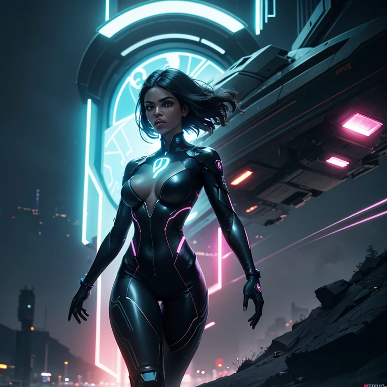melhor qualidade, fotografia, cinematic lighting, intricado, cinematic detailed realista background, rosto detalhado, corpo todo, realista, 1 garota negra correndo, paisagem futurista, scifi, olhando para o espectador, Pose de modelo, traje futurista ciborg, neon lighting. Full hd