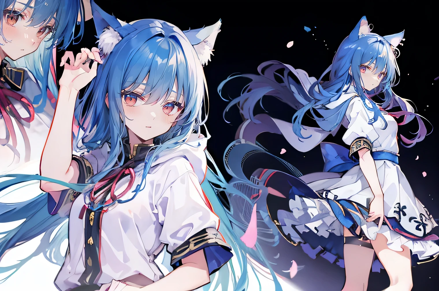 （masterpiece：1.2），Super detailed，lifelike，Expressive eyes，fair skin，perfect face shape，1 girl，
Japanese comics,Gorgeous blue hair,flowing blue hair,flowing clothes,Cat ears,Petals fall,beautiful lola,Baby Angel,
Shaking head with one hand，Cross your legs，Gentle and peaceful background，The pavilion is cool and comfortable,smile, wearing hoodie, background of tokyo,back views,snowing, winter.