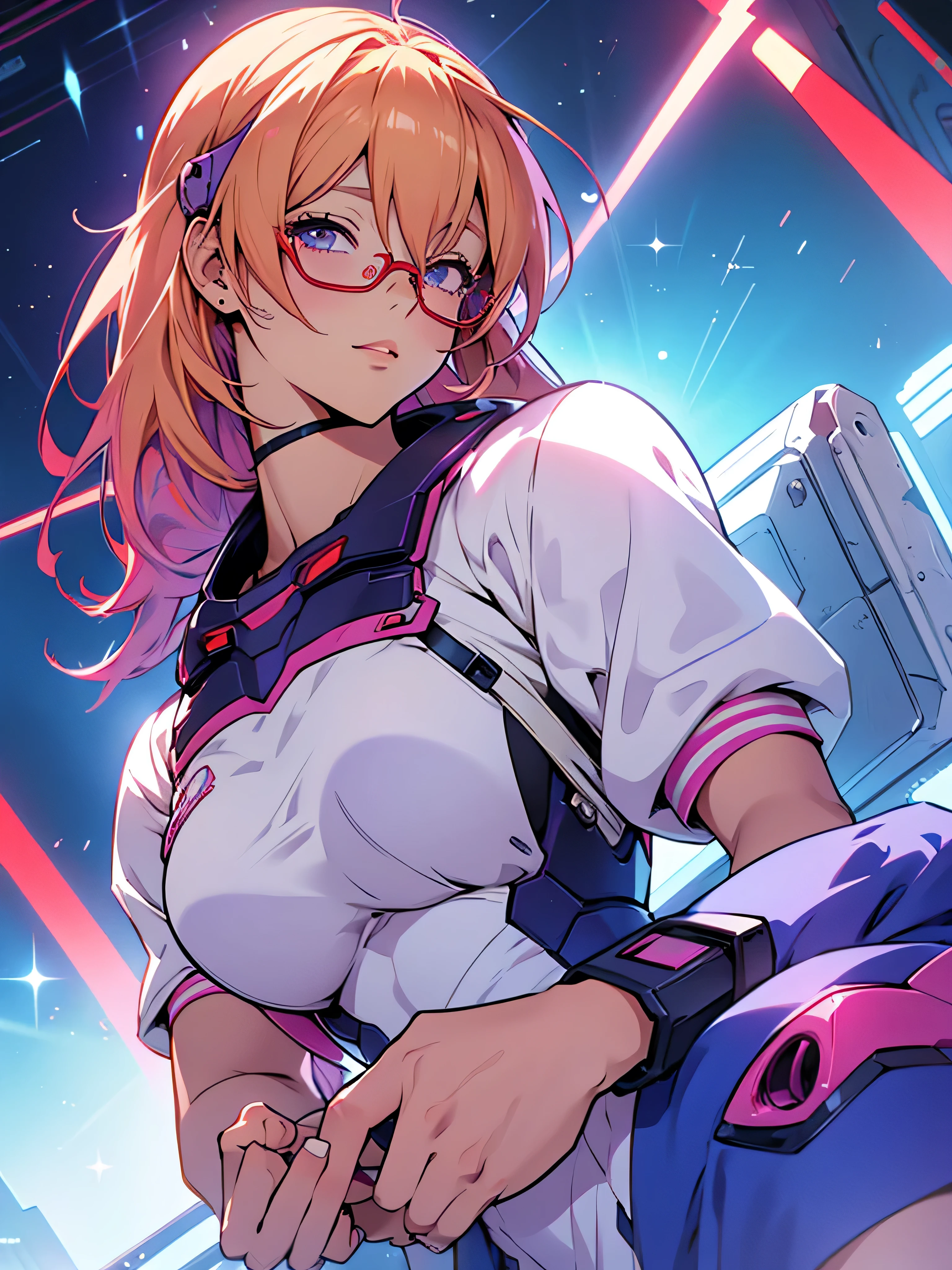 Anime,An illustration,purple robot,Mobile Suit,Dom,Light blue check dress,Red glasses,Blonde,Light blue mesh hair,beautiful girl,Sora Sakurano,one person