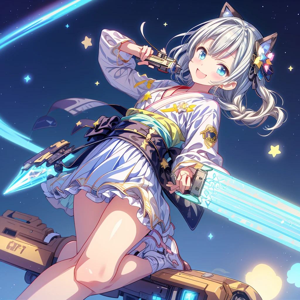 Star Fairy、CGゲームプレーン bsw 、Riding astride a flying vehicle、Smiling at the audience、He has a laser gun on his back、kawaii tech、universe、rainbow、Gothic ****ta yukata made from a remade kimono、