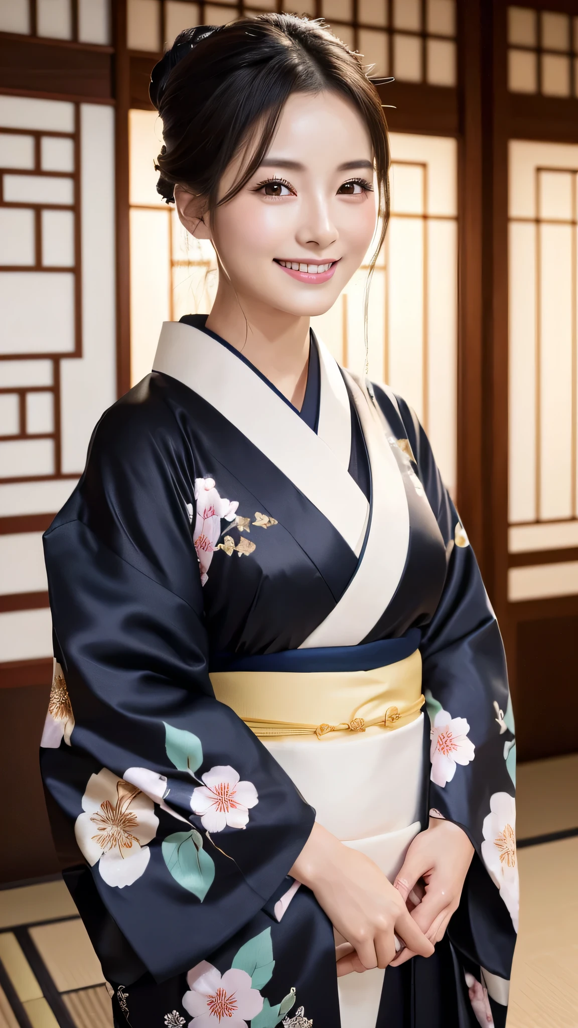 (Super beautiful woman in kimono)、((highest quality、8K masterpiece:1.3))、sharp focus:1.2、(super beautiful face:1.0)、(shiny skin:1.0)、realistic pictures、black hair、video lighting、High resolution eyes and face、video lighting、japanese actress、from the front、with a happy smile、whole body、wearing a kimono、in Kyoto、(luxury obi)