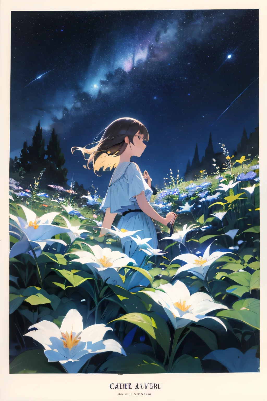 highest quality, expensive_solve, clear_image, Detailed Background, girl, flower, garden, Starry Sky,