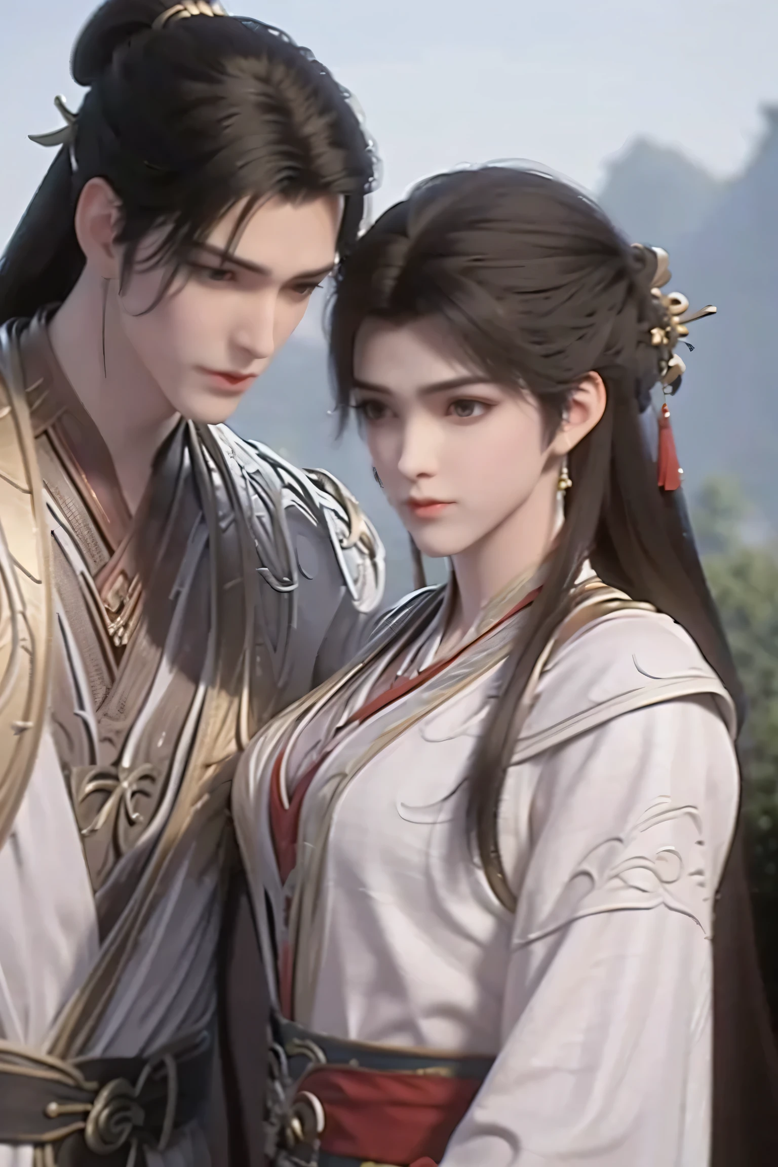 A handsome guy and a beautiful girl are leaning against each other，quiet and peaceful，faint smile，Chinese style clothing and accessories，black hair，perfect face，Chinese architecture