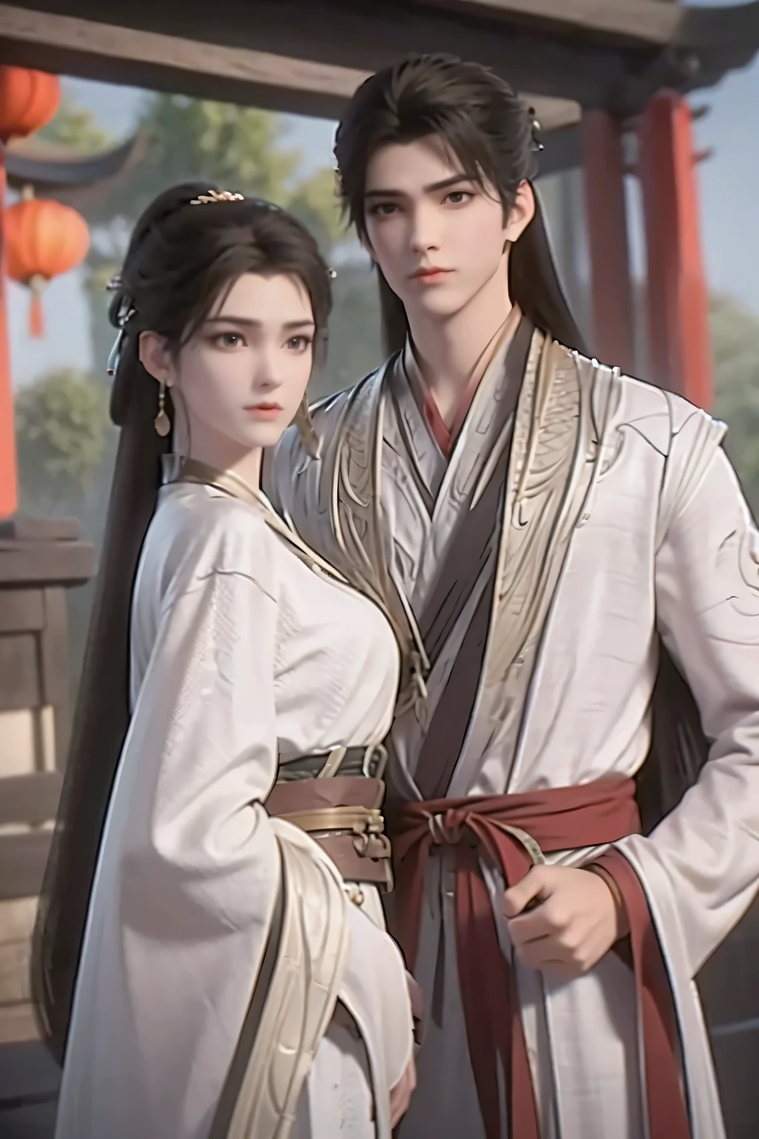 A handsome guy and a beautiful girl are leaning against each other，quiet and peaceful，faint smile，Chinese style clothing and accessories，black hair，perfect face，Chinese architecture