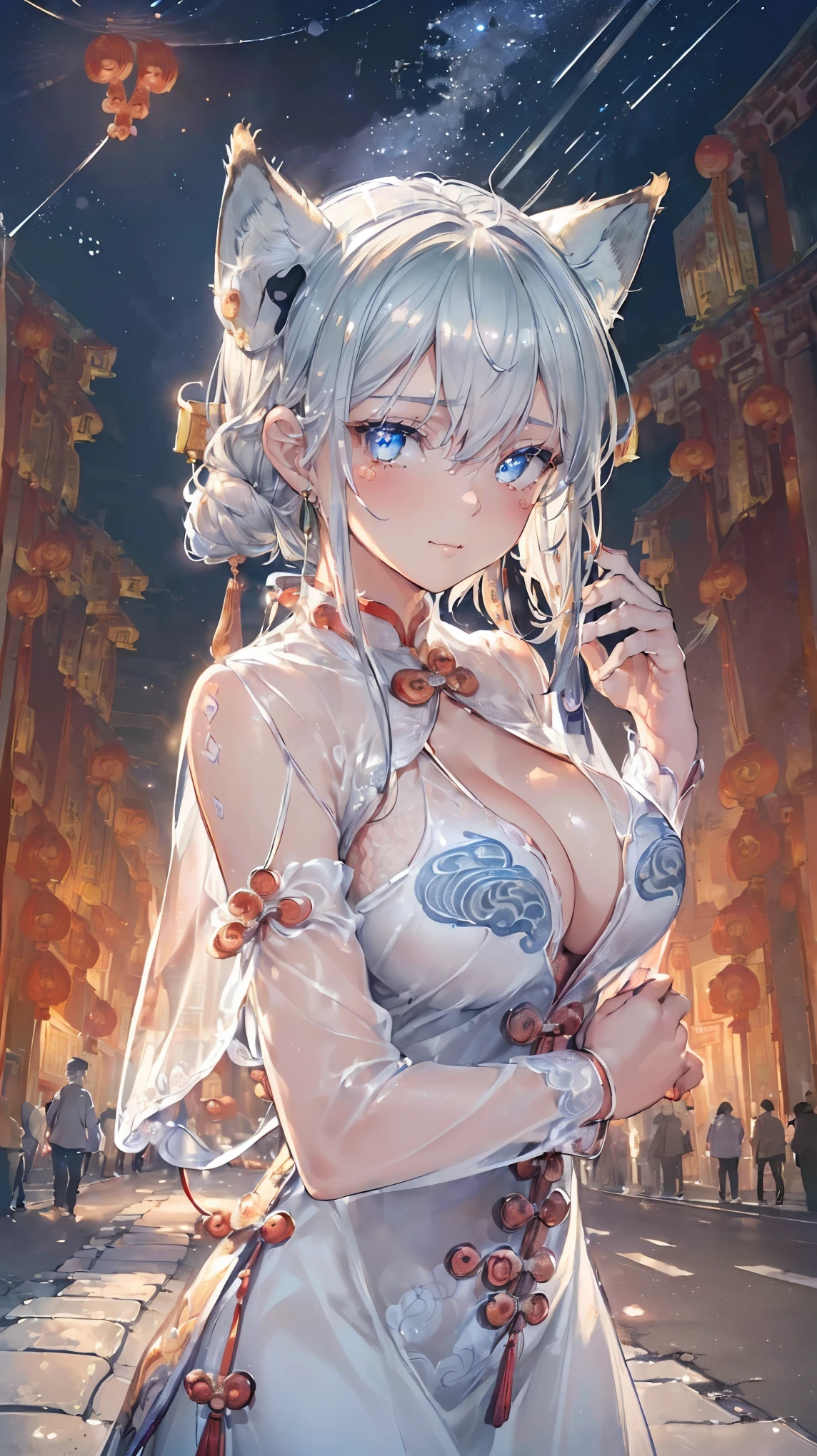 (((Masterpiece))), (((Highest quality))), ((Ultra-detailed)), ((Super fine illustration)), ((Ultra-fine painting)), (16K highest quality wallpaper:1.4), (Upper body:1.6), HDR, (Highly detailed and delicate illustration style:1.8), Detailed skin texture, Detailed cloth texture, Extreme detailed description, (T-masterpiece), (Highly detailed face:1.2), (Highly detailed silver fox ears:1.2), (Highly detailed shiny silver braid:1.2), (Highly detailed beautiful clear eyes:1.2), Original, RAW photo, Professional, Intricate details, Super details, Direct light:1.6, (Perfect anatomy:1.4), (Highly detailed hands:1.2), (Highly detailed fingers:1.2), (Highly detailed fingertips:1.2), (Sexy), (Sexy), (27-years-old), Real, (Solo:1.6), ((A beautiful and attractive silver fox female model:1.4)) BRAKE (Beautiful and adorable silver fox ears:1.6), (Highly detailed and delicate silver fox ears:1.2), (Beautiful and well-shaped big breasts:1.2), (Beautiful and well-shaped buttocks), (Beautiful and shiny silver braid:1.6), (Highly detailed and delicate silver braid:1.2), (Beautiful clear blue eyes that shine with great detail:1.6), (Highly detailed and delicate blue eyes:1.2), (Highly detailed face:1.4), (Smile:1.3), (Blush:1.2), (Looking at viewer:1.4) BRAKE (A vibrant black and silver cheongsam:1.4) BRAKE ((Highly detailed and beautiful street night view of Chinatown in the background:1.4), Highly detailed and delicate moon and starry sky background:1.4) BRAKE (NSFW) BRAKE