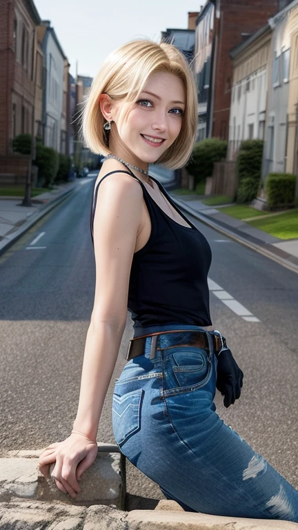 highest quality, High resolution, AND18, One Girl, Android 18, alone, blonde, blue eyes, belt, Blue Jeans, Pearl_necklace, bracelet, Black gloves, ((A tight fitting white tank top)), short hair, Short sleeve, Earrings,Jeans Mini Skirt, Open Vest, Black vest, Large Breasts, Cowboy Shot, street, (From the side),( Grassland scenery),(Live-action adaptation),(Reality Photography),,Realistically,(Realistic),Grin,(Full Body Shot),(From the whole body to the toes:1.3),