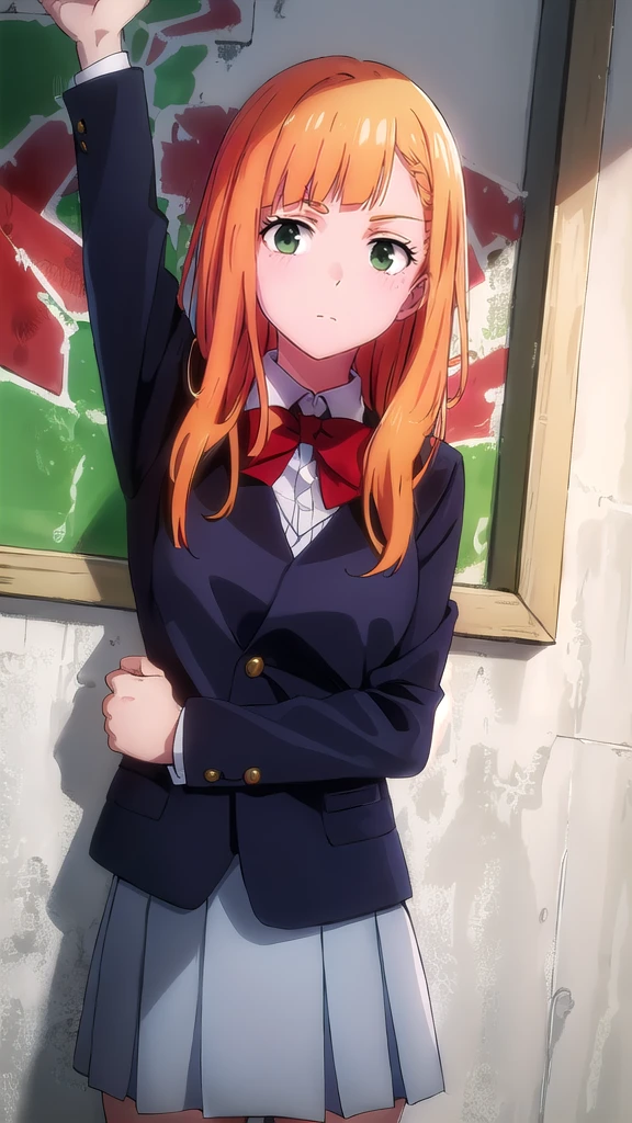 best quality,4k,8k,highres,masterpiece:1.2),umasterpiece,high quality,solo,
Orange hair, green eyes,
gray skirt, white long sleeve blouse, red bow, , green blazer, high quality, school graffiti in the background.