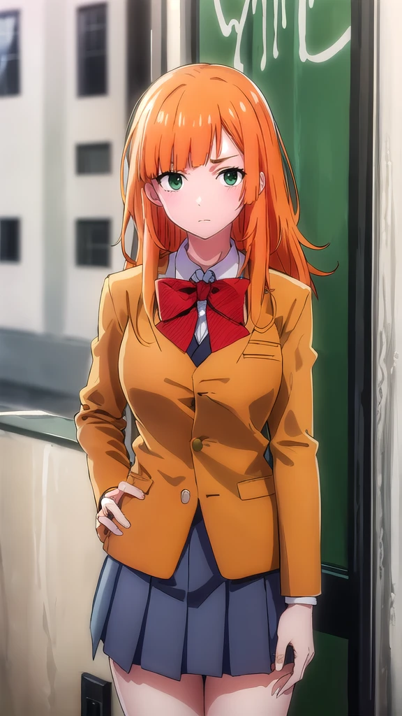 best quality,4k,8k,highres,masterpiece:1.2),umasterpiece,high quality,solo,
Orange hair, green eyes,
gray skirt, white long sleeve blouse, red bow, , green blazer, high quality, school graffiti in the background.