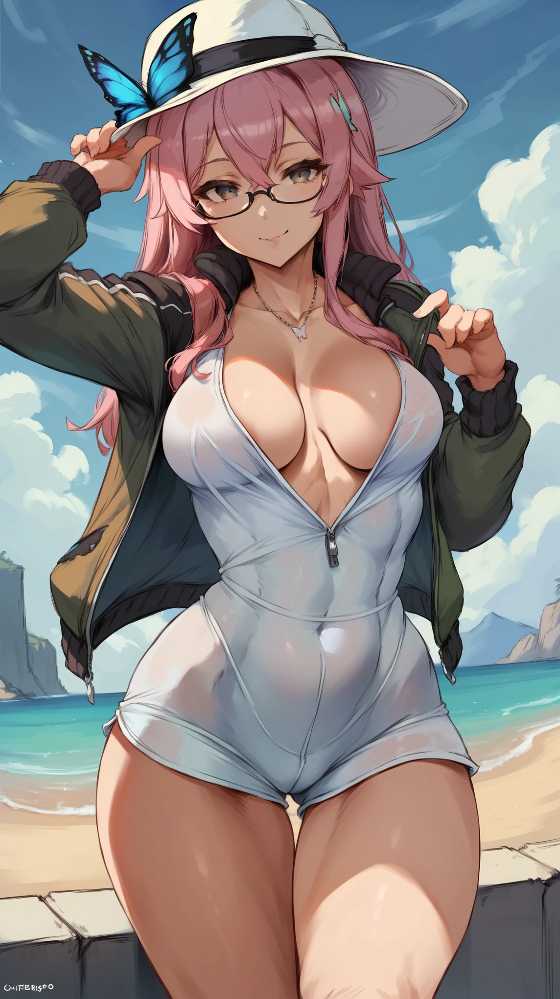 (cutesexyrobutts:0.9), (score_10, score_9_up, score_9, score_8_up, score_7_up, score_6, score_5, score_4, source_anime), (digital painting), (fine line work), (best quality), (extremely detailed), (highest quality), (intricate linework), (intricate details), more detail XL, 1girl, solo, cowboy shot, nakano nino, pink hair, butterfly hair ornament , cleavage, medium breasts, original outfit (hat, jacket (open) ,eyewear on head) , outdoors, smile, model poses
