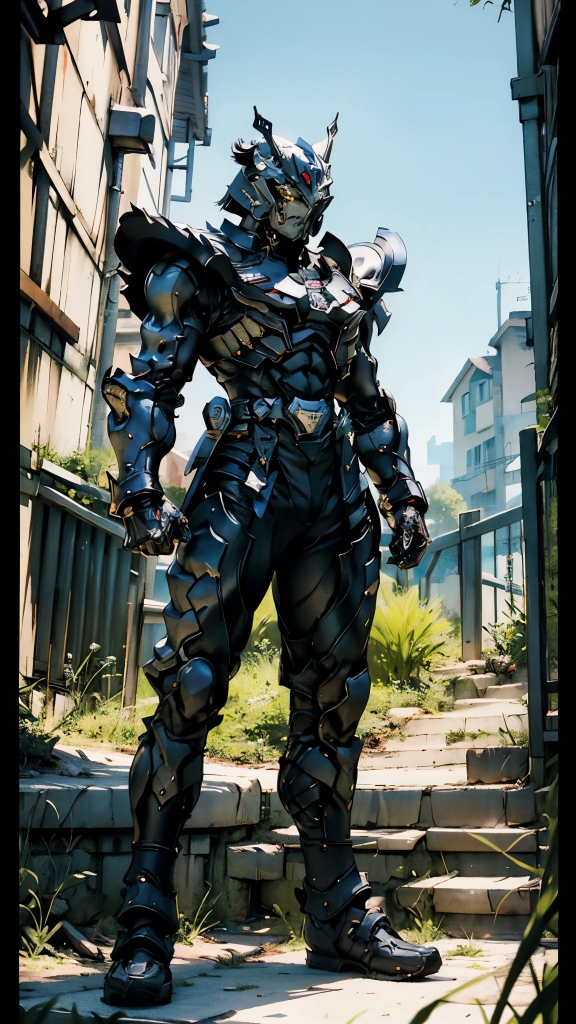 A man wearing a full-face helmet, a fantasy-style biotech armored combat suit, green eyes, (a composite layered chest armor), fully enclosed shoulder guards, matching arm and leg guards, the belt is adorned with fangs biting into orbs, (the color scheme is primarily black with red accents), the design balances heavy with agility, a high-tech bio-mecha armor, (Bat concept Armor, stand on the top of a skyscraper in a futuristic sci-fi city), this character embodies a finely crafted fantasy-surreal style armored hero in anime style, exquisite and mature manga art style, (element, plasma, energy, the armor glows), ((male:1.5)), metallic, real texture material, dramatic, high definition, best quality, highres, ultra-detailed, ultra-fine painting, extremely delicate, professional, perfect body proportions, golden ratio, anatomically correct, symmetrical face, extremely detailed eyes and face, high quality eyes, creativity, RAW photo, UHD, 32k, Natural light, cinematic lighting, masterpiece-anatomy-perfect, masterpiece:1.5