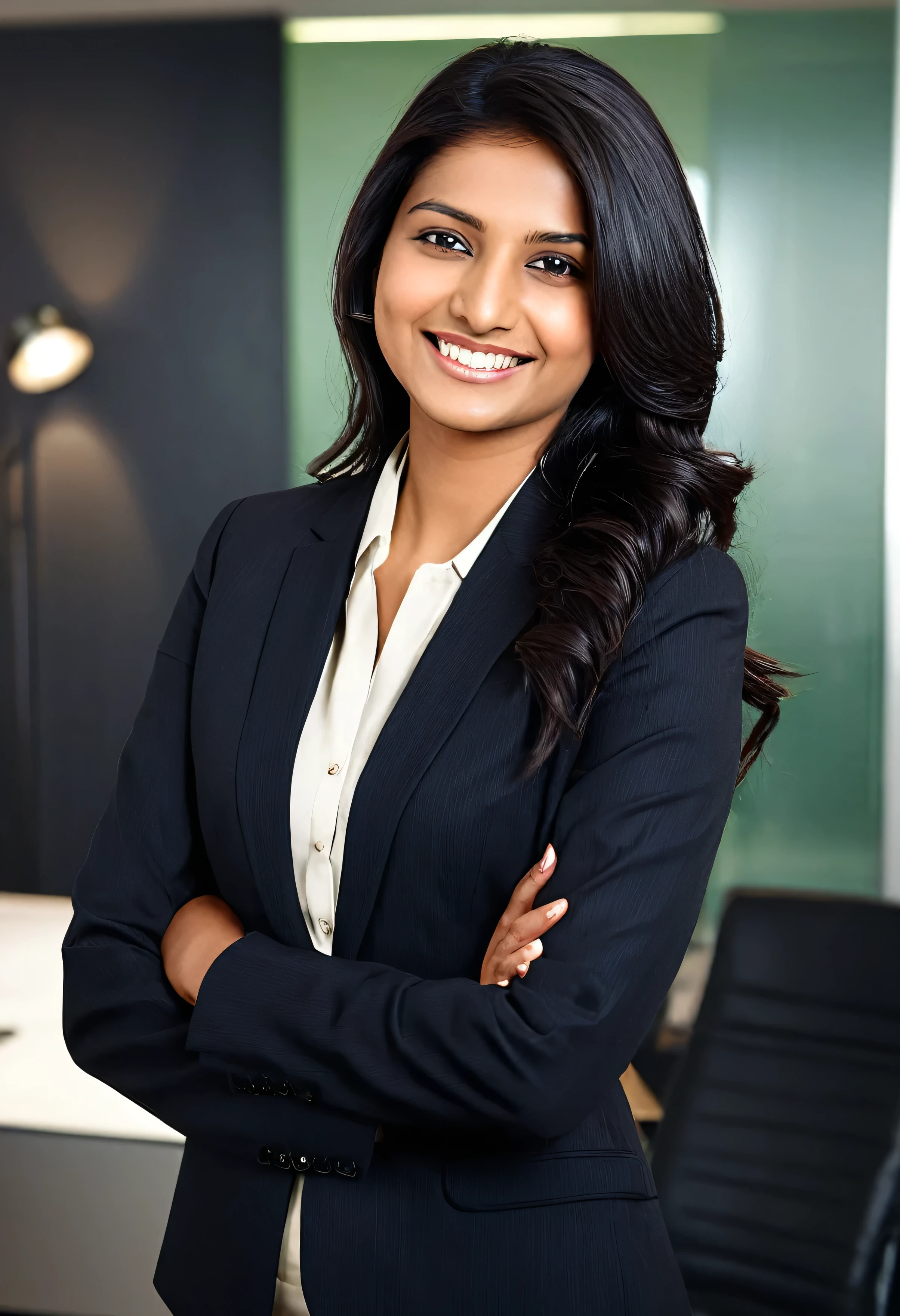 A midrange photo of a confident, beautiful, gorgeous Indian woman with a smile. She has long, dark hair styled in a professional way, and is wearing a modern business suit. The background is a corporate office interior and there is soft studio lighting on her face. The image is ultra-realistic, with high resolution and sharp details.