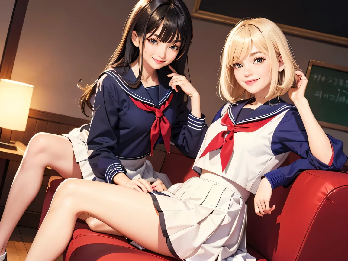 (top-quality、in 8K、32K、masterpiece、超A high resolution、Impresionismo、Photorealsitic:1.2)、Full body, Inside the classroom、Schools、Evening glow、beauitful face、blurry backround、16-year-old beautiful girl、shinny skin、bob cuts、Beautiful black hair、(Katyusha:1.2)、a sailor suit、Pleated miniskirt、Curve、dynamicposes、Smile with open mouth、Two girls, lying on sofa
