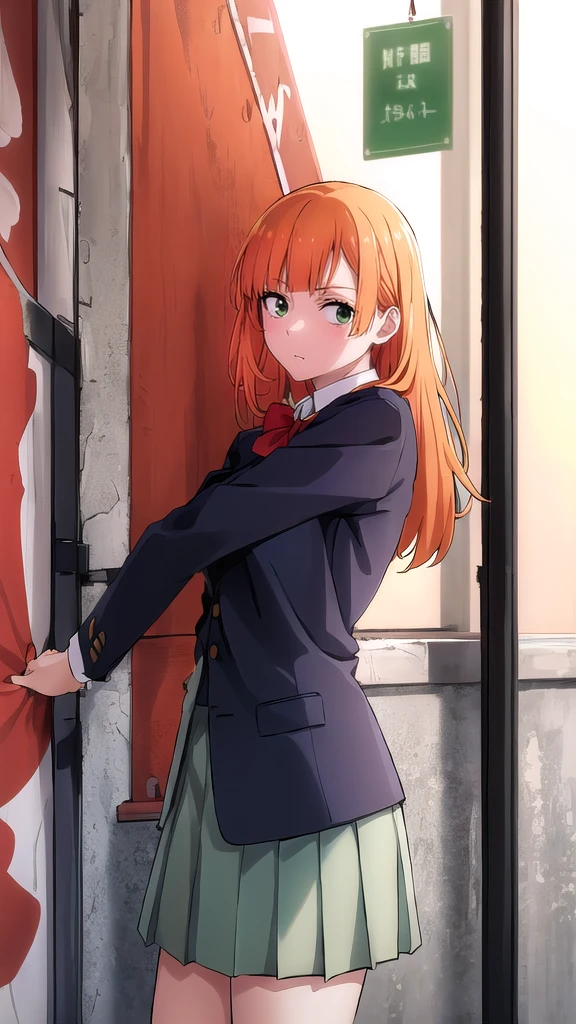 best quality,4k,8k,highres,masterpiece:1.2),umasterpiece,high quality,solo,
Orange hair, green eyes,
gray skirt, white long sleeve blouse, red bow, , green blazer, high quality, school graffiti in the background.