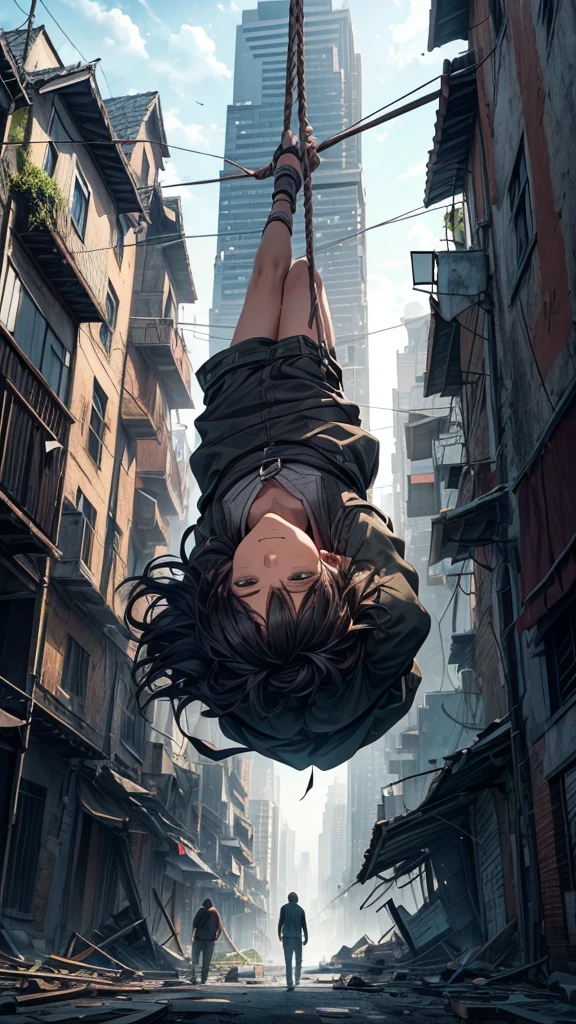 (best quality,4k,highres,ultra-detailed,realistic:1.2) inside the closed maze,((the sky is filled with falling buildings)),collapsed houses,one 20years old man, black short hair,standing. Looking upset. Exam result in his hands. With the marking 70%. With people hanging on ropes behinds him. With rope hanging on his neck, hanging to die.