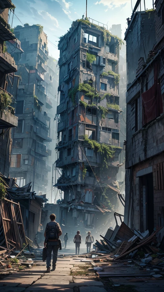 (best quality,4k,highres,ultra-detailed,realistic:1.2) inside the closed maze,((the sky is filled with falling buildings)),collapsed houses,one 20years old man, black short hair,standing. Looking upset. Exam result in his hands. With the marking 70%. With people hanging on ropes behinds him. With rope hanging on his neck, hanging to die.