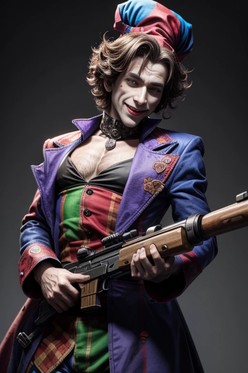 a crazy jester with a gun , pleasure to kill, digital art