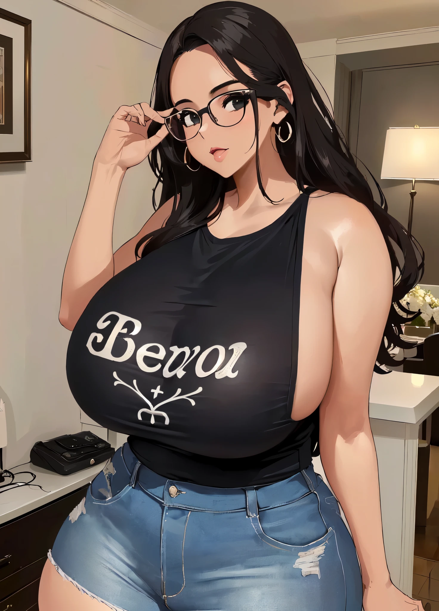 1mulher, pose selfie, tirando uma selfie, glasses, blusa preta, (huge gigantic enormous breasts:1.3) , seio grande, bem vestida linda, dentro do quarto, 8k, blusa, peito muito gigante, maior peito, breasts huge than Head, enormous tits, natural tits