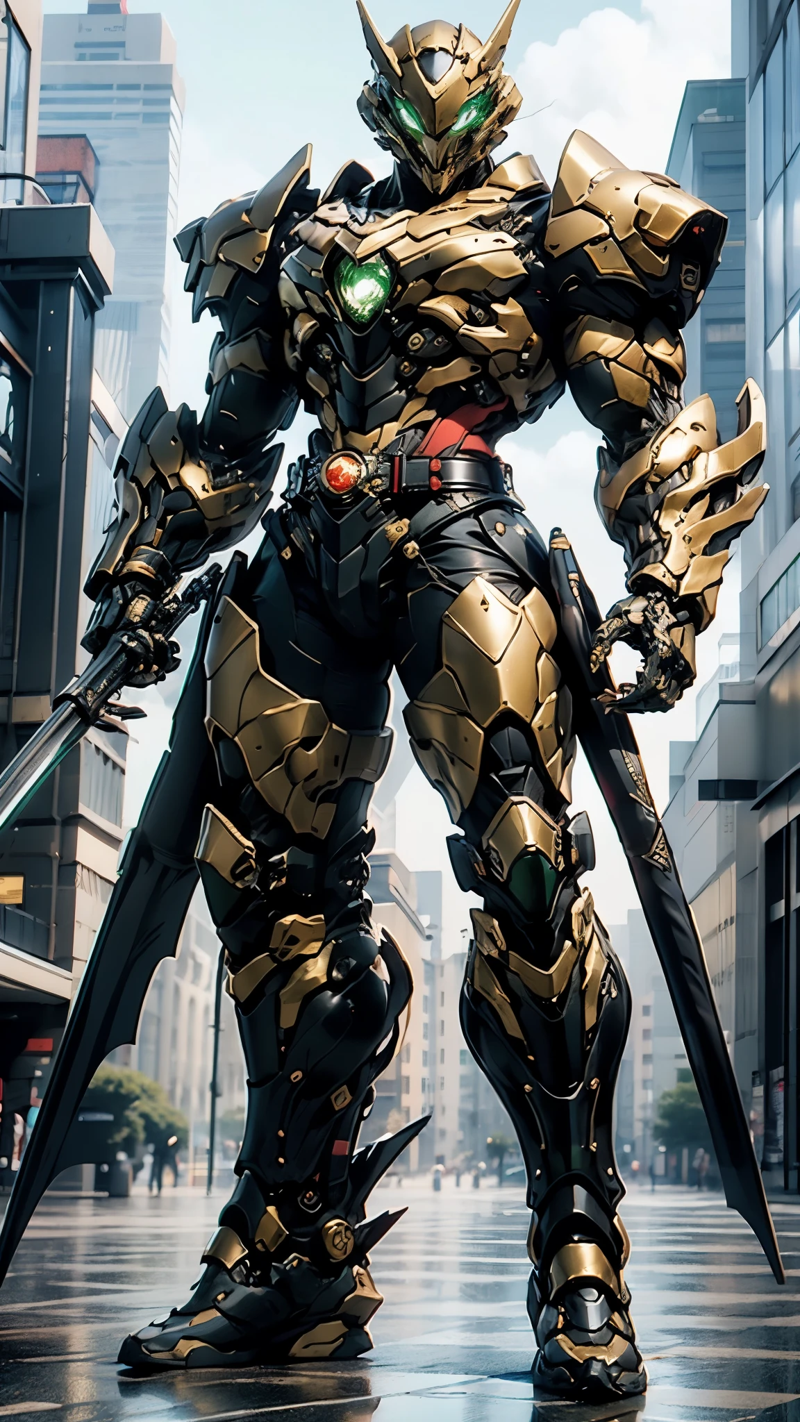 A man wearing a full-face helmet, a fantasy-style biotech armored combat suit, green eyes, (a composite layered chest armor), fully enclosed shoulder guards, matching arm and leg guards, the belt is adorned with fangs biting into orbs, (the color scheme is primarily black with red accents), the design balances heavy with agility, a high-tech bio-mecha armor, (Bat concept Armor, stand on the top of a skyscraper in a futuristic sci-fi city), this character embodies a finely crafted fantasy-surreal style armored hero in anime style, exquisite and mature manga art style, (element, plasma, energy, the armor glows), ((male:1.5)), metallic, real texture material, dramatic, high definition, best quality, highres, ultra-detailed, ultra-fine painting, extremely delicate, professional, perfect body proportions, golden ratio, anatomically correct, symmetrical face, extremely detailed eyes and face, high quality eyes, creativity, RAW photo, UHD, 32k, Natural light, cinematic lighting, masterpiece-anatomy-perfect, masterpiece:1.5