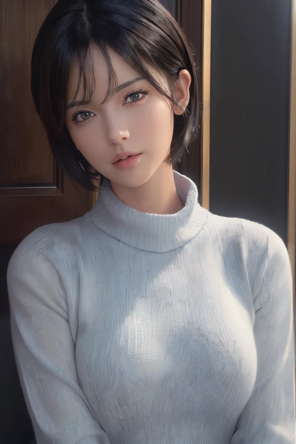 (masterpiece:1.3), (8k, photorealistic, RAW photo, best quality: 1.4), (1girl), beautiful face, (realistic face), (black hair, short hair:1.3), beautiful hairstyle, realistic eyes, beautiful detailed eyes, (realistic skin), beautiful skin, (sweater), absurdres, attractive, ultra high res, ultra realistic, highly detailed, golden ratio
