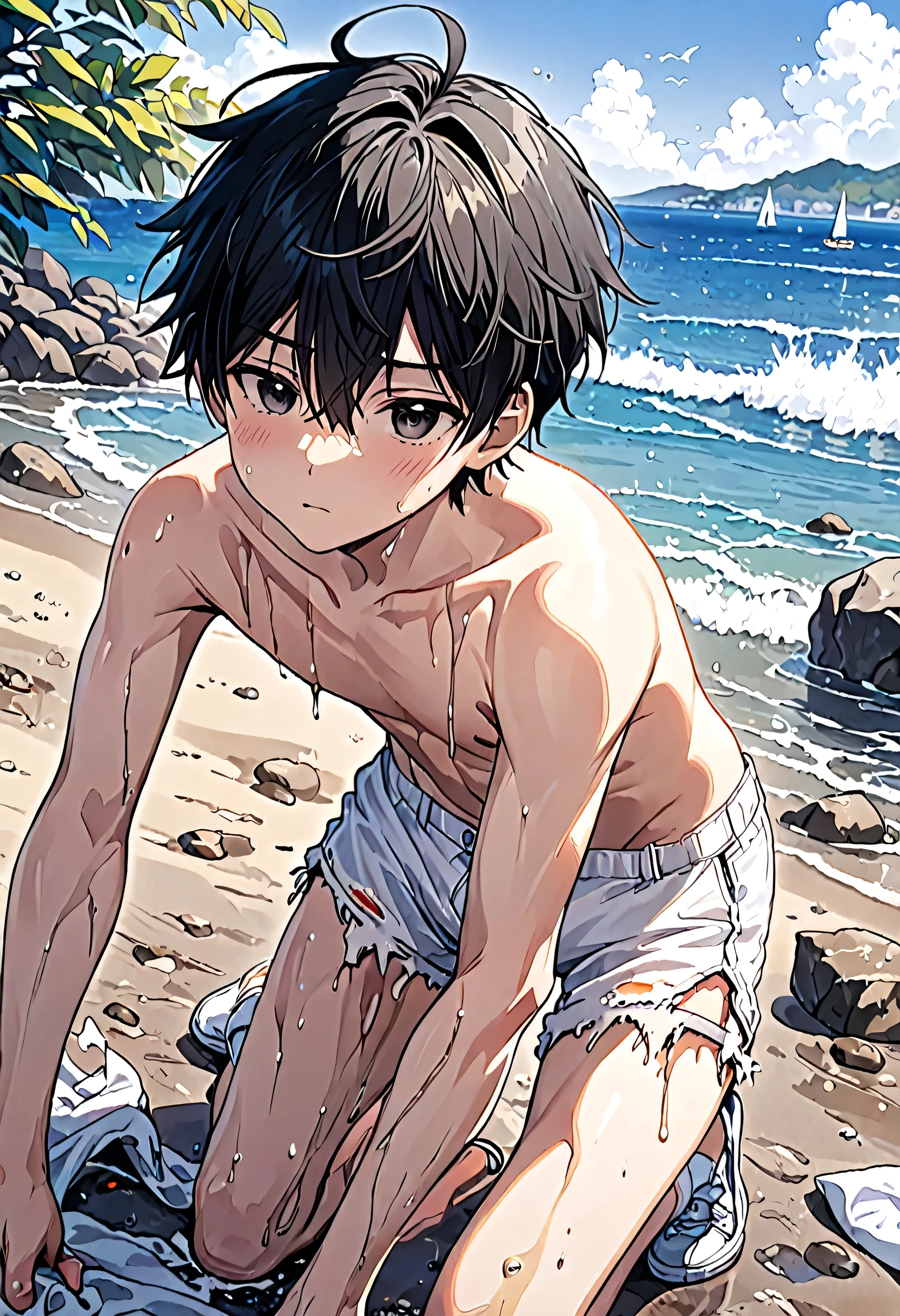 (highest quality, 4K. photograph, Fine:1.4), (A little Japanese boy in rags:1.4), Drifting Boy, Boy in Distress, very handsome, Seaside, Ragged black hair, (Heavily stained and tattered white nylon shorts:1.2), Very handsome:1.2, I can see her thighs:1.2, Full of bruises, Half naked, (Heavily soiled and tattered white underwear:1.2), covering one&#39;s chest with one&#39;s arms, Sleeveless, (裂けてI can see her thighs白いタンクトップ:1.2), Dressed like a homeless person, Muddy&#39;s Shoes, Walking while crying, Deserted Island, Washed ashore, Belly button, The whole body is dirty, A badly ripped white tank top, Like a wild , Muddy, Tattered white clothes:1.2, Heavily ripped white nylon shorts, barefoot, Full body video:1.2