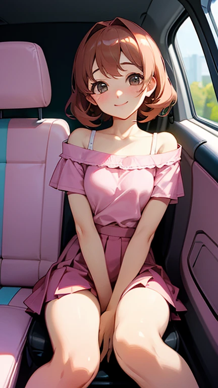 CG, Unity, 8k, wallpaper, highest quality, masterpiece, haruka amami, (smile: 1.1),One girl、Cute face、Inside the car、Sitting in the passenger seat、Off the shoulder、mini skirt、Panty Shot、White panties、 Sexy Legs, Best lighting, Bright room, Refreshing atmosphere