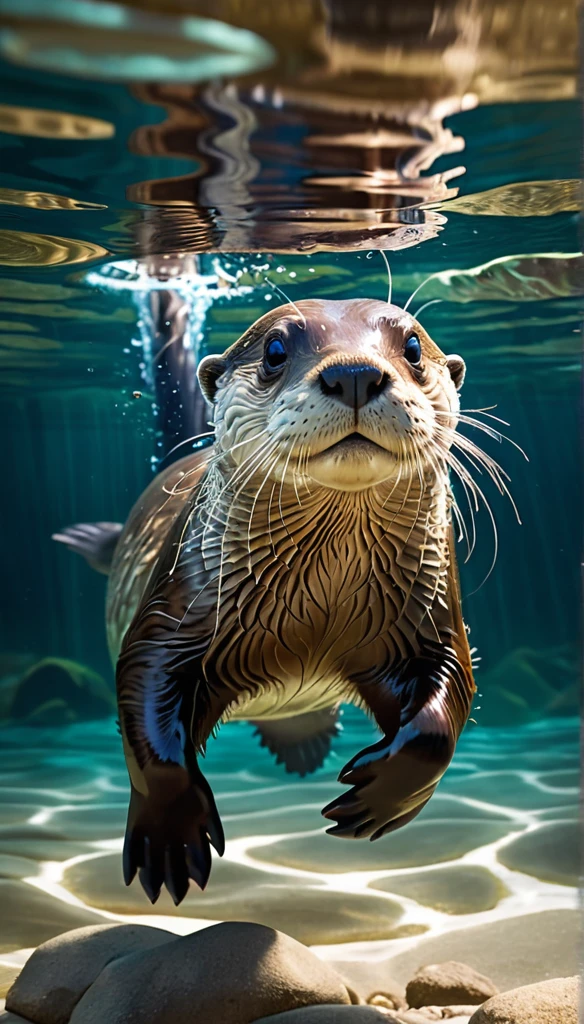 (best quality,4k,8k,highres,masterpiece:1.2),ultra-detailed,(realistic,photorealistic,photo-realistic:1.37),absurde, RAW photo, highly detailed, masterpiece, illustration, an otter swimm under water, fast swimm, dynamic angle, world masterpiece theater, ink, Amazing, cinematic lighting, lens_flare, dunhuang_style