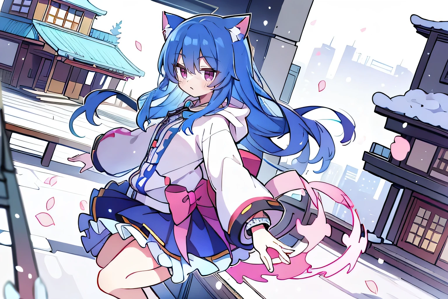 （masterpiece：1.2），Super detailed，lifelike，Expressive eyes，fair skin，perfect face shape，1 girl，
Japanese comics,Gorgeous blue hair,flowing blue hair,flowing clothes,Cat ears,Petals fall,beautiful lola,Baby Angel,
Shaking head with one hand，Cross your legs，Gentle and peaceful background，The pavilion is cool and comfortable,smile, wearing hoodie, background of tokyo,back views,snowing, winter.