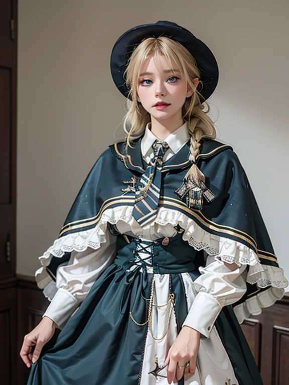 masterpiece, highest quality, Very detailed, 16k, Ultra-high resolution、Cowboy Shot, One 14-year-old girl, Detailed face, Perfect Fingers, blue eyes, Blonde, Braid, cyb dress, collared shirt, long sleeves, necktie, capelet, frills, badge, long dress, Dimly lit room