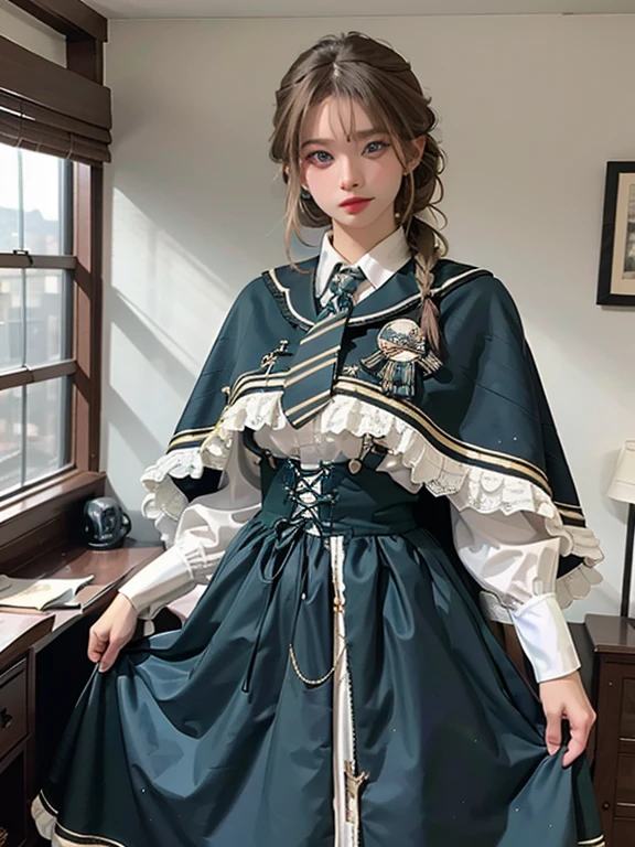 masterpiece, highest quality, Very detailed, 16k, Ultra-high resolution、Cowboy Shot, One 14-year-old girl, Detailed face, Perfect Fingers, blue eyes, Blonde, Braid, cyb dress, collared shirt, long sleeves, necktie, capelet, frills, badge, long dress, Dimly lit room