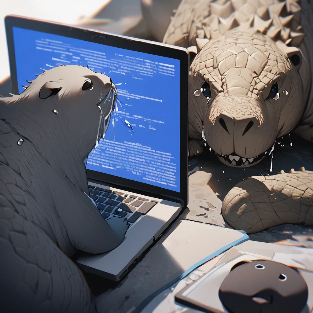 A otter sitting in front of a computer worrying,tears, sad,River Company, Otter, Anxiety, Blue Screen, Crocodile Boss, Promptly Appearing, Handing Over, Laptop, Rescue, Difficulty, Team, Mutual Assistance, Warm Scenes,(masterpiece, best quality:1.2), extremly detailed