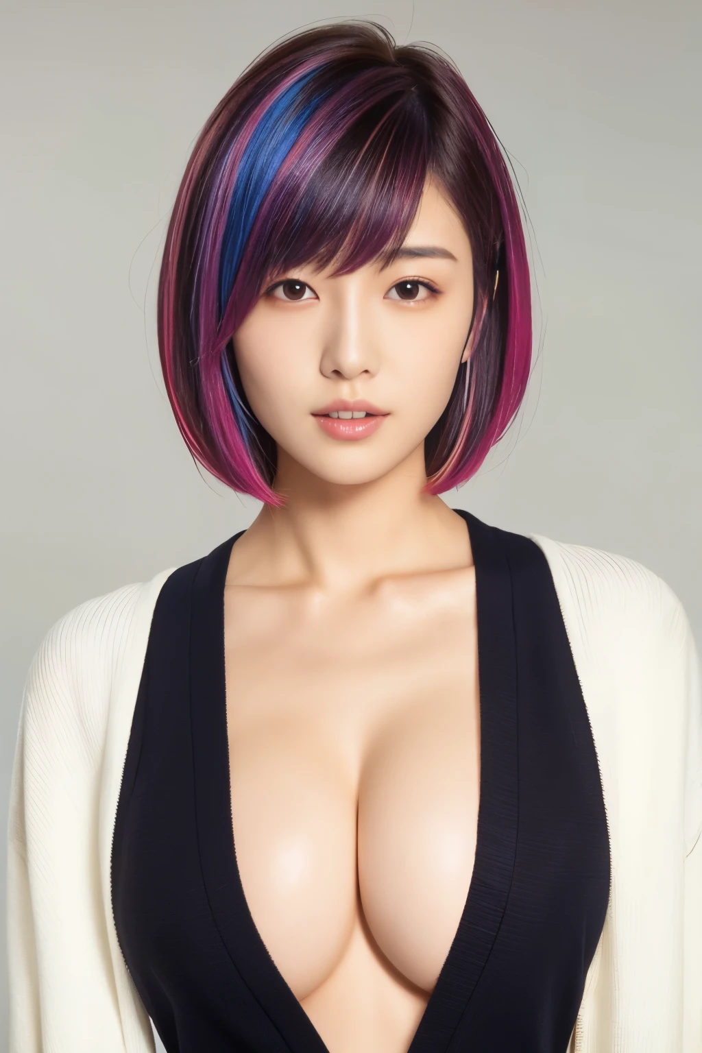 (Colorful Hair), Beautiful Japanese Women, 1 person, 22 years old, V-suit, short hair, Straight Hair, Looking at the camera, Shapely breasts, Ultra-detailed face and skin texture, highest quality, masterpiece, 8k, Photorealistic