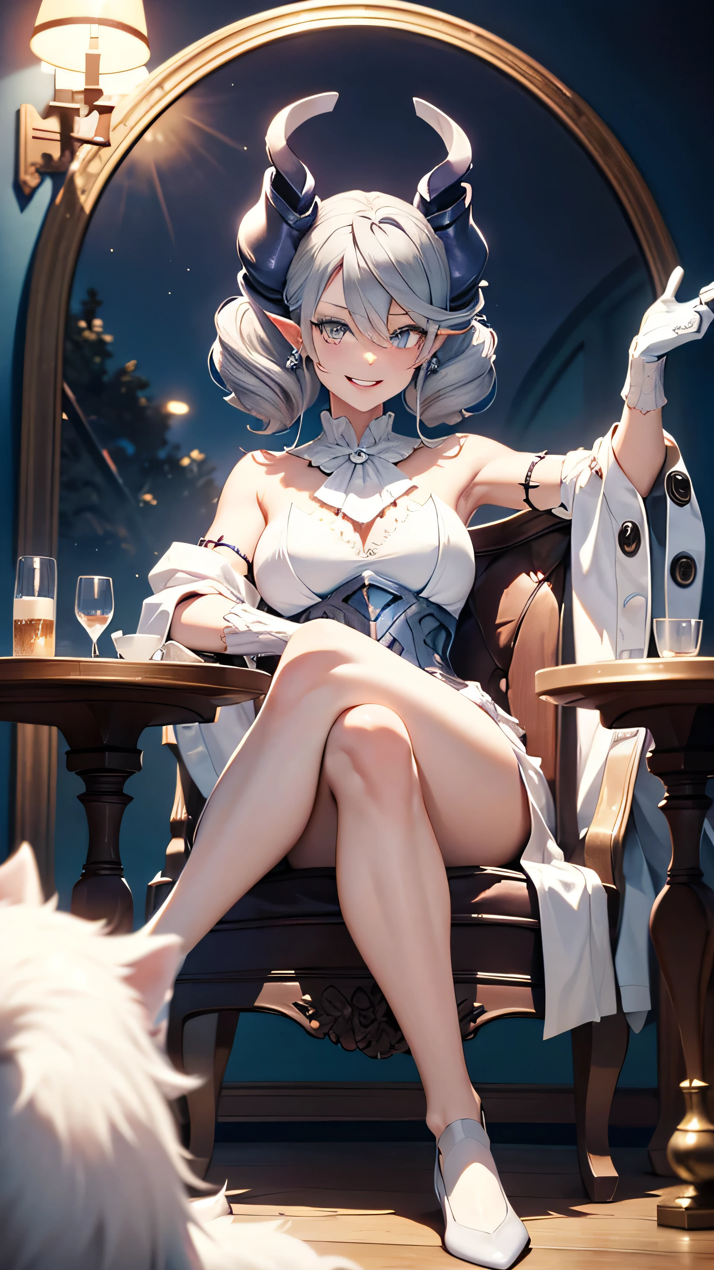 table top High level image quality best image quality 8K adult woman whole body portrait pure white long gloves(elbow gloves) white long dress(slit) white wolf ears short hair((shortcut)(gray hair)(perm)(fluffy)) eye color is blue attractive evil face((smile)( open your mouth)) sunset river sexy pose , crossed legs style in detailed , sitting, labrynth , view from below pov , beautiful long legs , both legs up , no socks