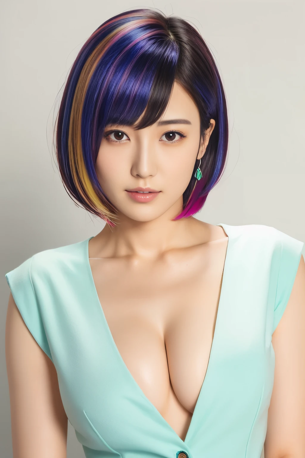 ((Colorful Hair)), Beautiful Japanese Women, 1 person, 22 years old, V-suit, short hair, Straight Hair, Looking at the camera, Shapely breasts, Ultra-detailed face and skin texture, highest quality, masterpiece, 8k, Photorealistic