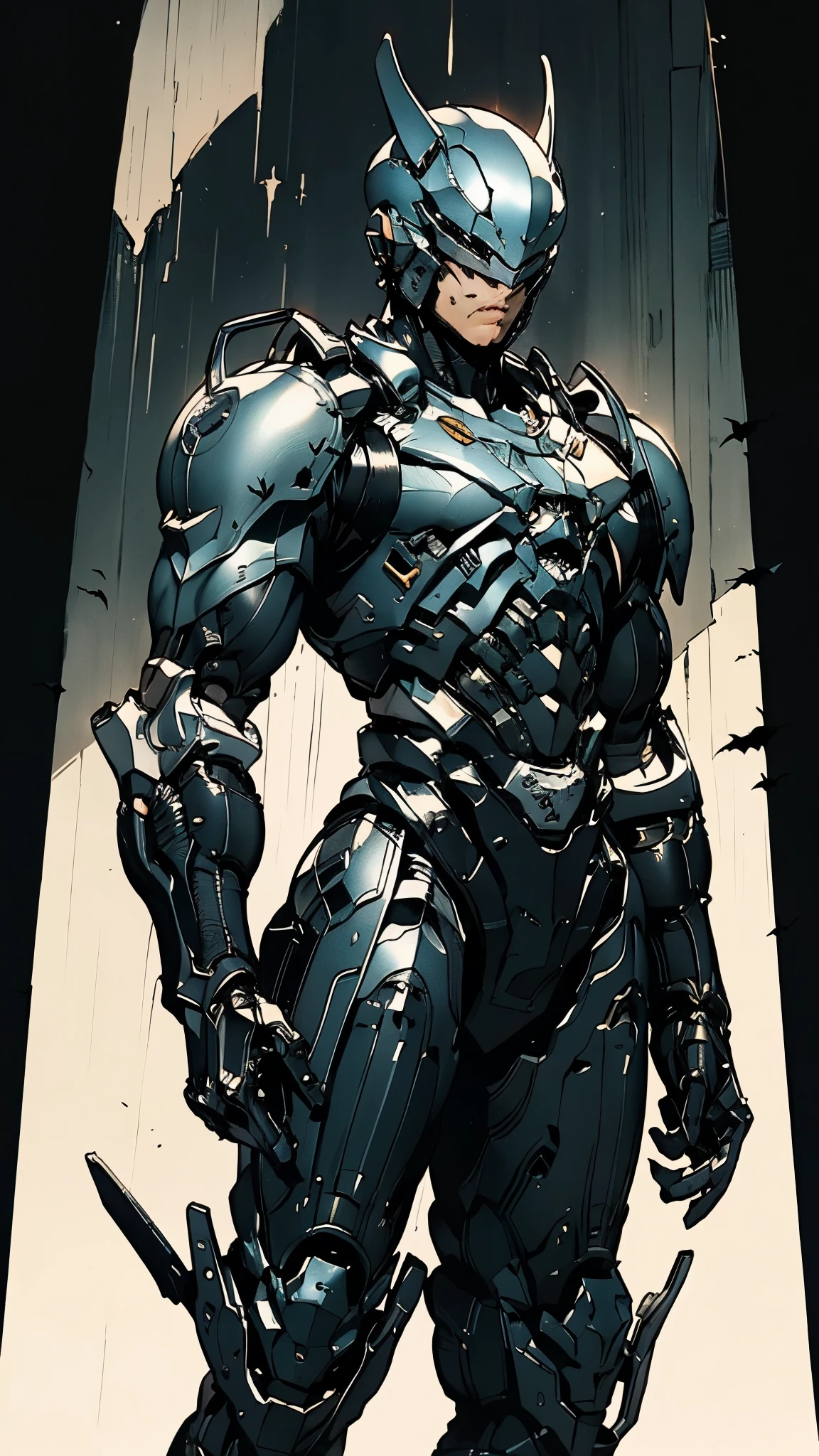 A man wearing a full-face helmet, a fantasy-style biotech armored combat suit, green eyes, (a composite layered chest armor), fully enclosed shoulder guards, matching arm and leg guards, the belt is adorned with fangs biting into orbs, (the color scheme is primarily black with red accents), the design balances heavy with agility, a high-tech bio-mecha armor, (Bat concept Armor, stand on the top of a skyscraper in a futuristic sci-fi city), this character embodies a finely crafted fantasy-surreal style armored hero in anime style, exquisite and mature manga art style, (element, plasma, energy, the armor glows), ((male:1.5)), metallic, real texture material, dramatic, high definition, best quality, highres, ultra-detailed, ultra-fine painting, extremely delicate, professional, perfect body proportions, golden ratio, anatomically correct, symmetrical face, extremely detailed eyes and face, high quality eyes, creativity, RAW photo, UHD, 32k, Natural light, cinematic lighting, masterpiece-anatomy-perfect, masterpiece:1.5