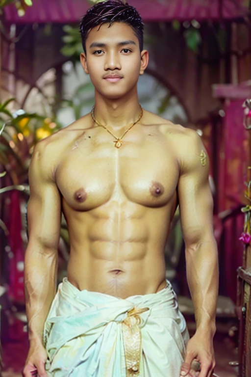 hyper realistic oil painting of a male, age 18, handsome indonesian men, face [Rangga aadc: zayyan xodiac: 0.5], wear rope harness, two large wings, [by Alphonse Mucha: john william waterhouse: Charles Dana Gibson: charlie bowater: 0.6], natural red lips, small moustache, fierce look, fit body, bare chest, detailed face, detailed physique, abdominal muscles, well built bodybuilder, macho, oily body, detailed feathers, wear gold head band, gold shoulder band, gold necklace, gold crown, wear g-string, hair bund, long-haired, Real texture, sarong batik, sharp focus, highly detailed, artstation, cgsociety, bokeh background in the pond garden full of rose flower, decorative art deco, symmetrical, acurate, 16, rococo style, character design, cinematic lighting, drop shadow, blending, backlighting, glowing light, sparkle, depth of field, reflection light, high detail, best quality, masterpiece, super detail, high details, uhd, highres, textured skin, anatomically correct, award winning,