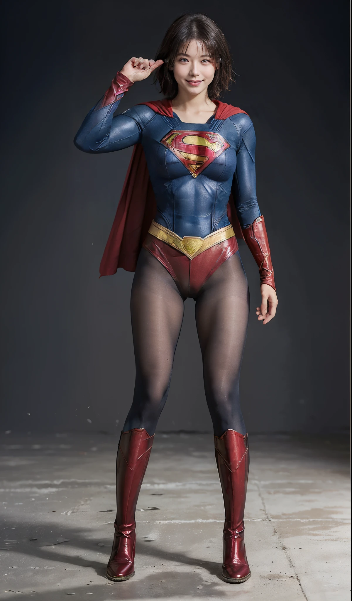No background、(((Beautiful legs in black tights.)))、(((Legally express the beauty of your smile)))、((((Make the most of your original images)))、(((Supergirl Costume)))、(((ボディにフィットしたSupergirl Costume)))、(((Short beautiful hair)))、(((Smiles and winks)))、(((Please wear black tights....、Wear red boots)))、((Best image quality、8k))、((highest quality、8k、masterpiece:1.3))、(((Preserve background )))、Sharp focus:1.2、Beautiful woman with perfect figure:1.4、Slim Abs:1.2、Wet body:1.5、Highly detailed face and skin texture、8k